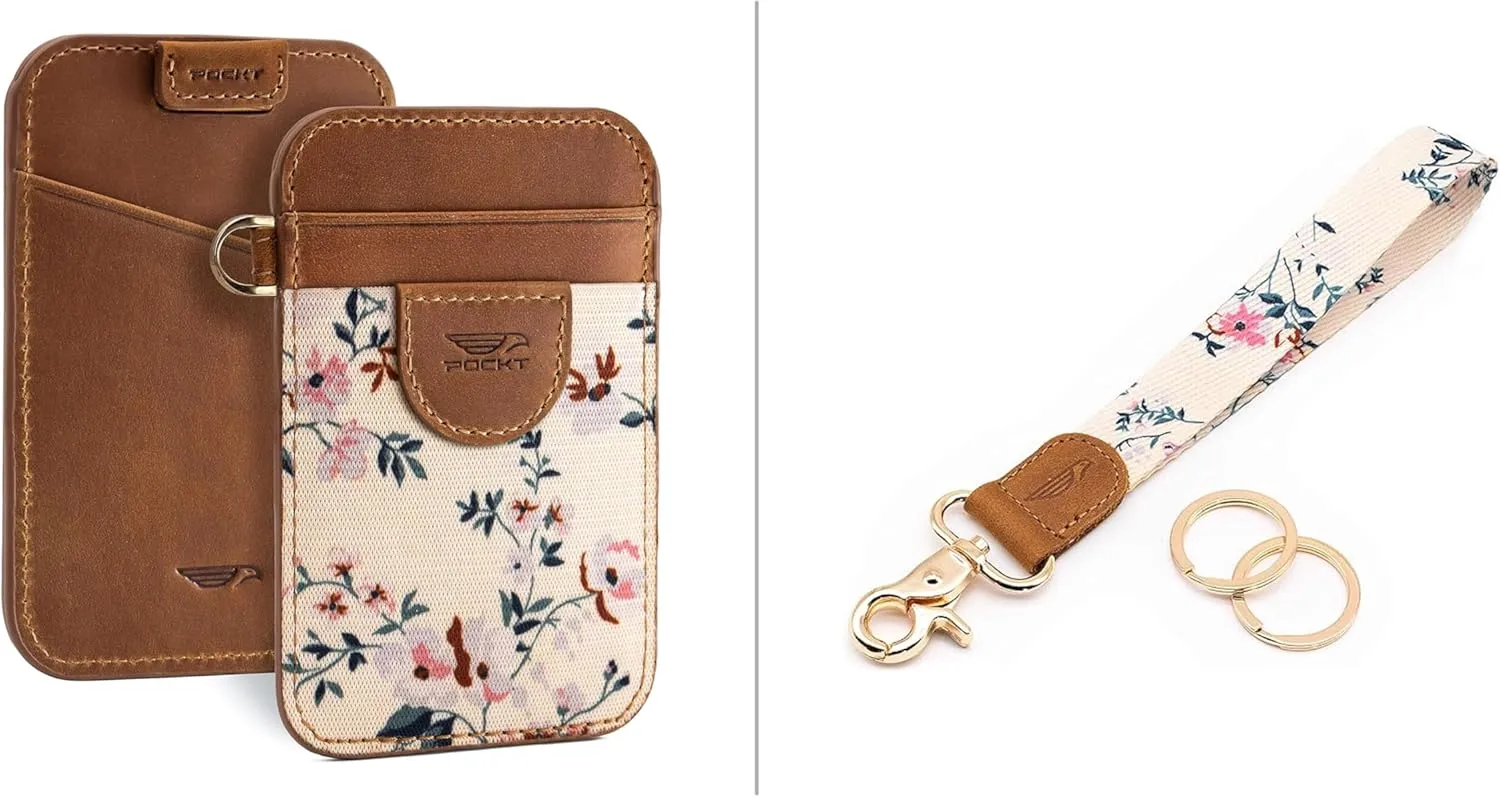 POCKT Slim Card Holder Wallet   Wrist Lanyard for Keys Bundle for Women | Bloom