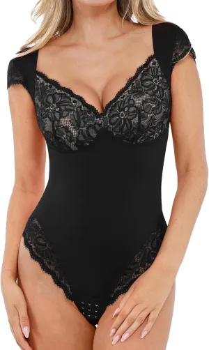 Popilush Lace Tops Body Suits for Womens Tummy Control Shapewear Bodysuit V Neck Party Date Night Outfit Body Shaper