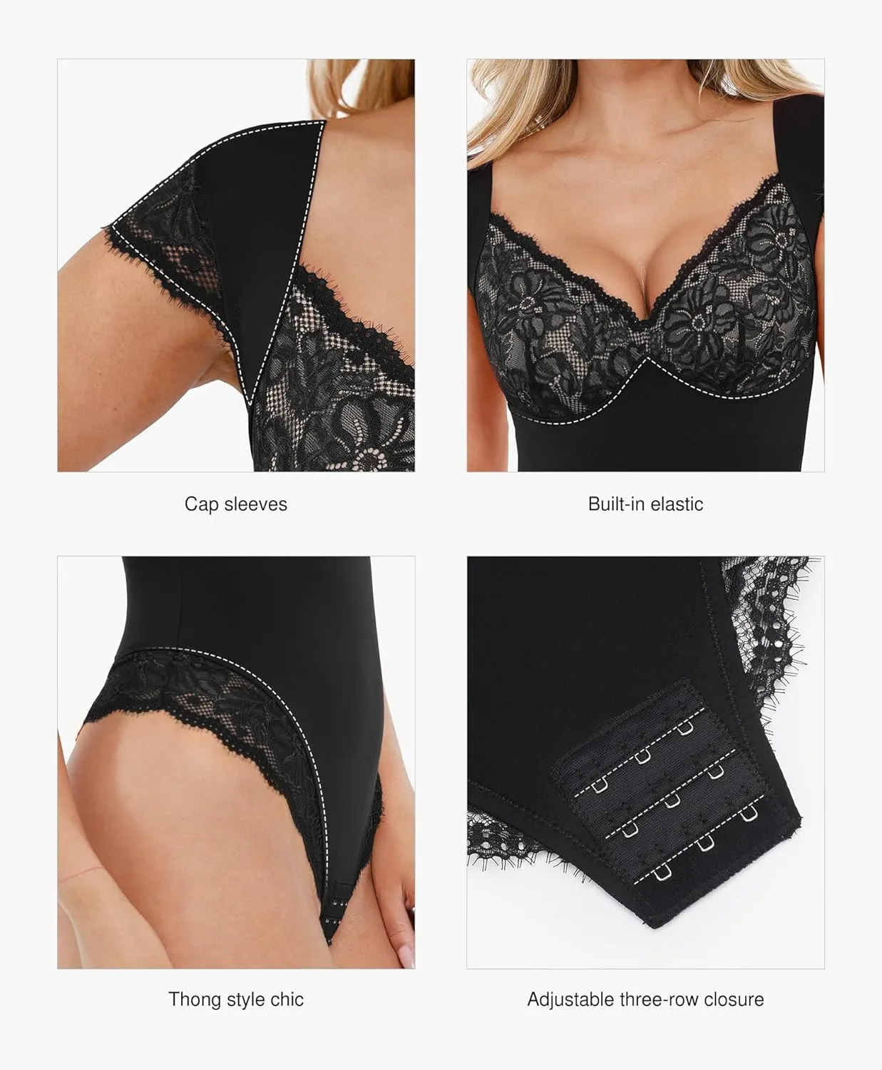 Popilush Lace Tops Body Suits for Womens Tummy Control Shapewear Bodysuit V Neck Party Date Night Outfit Body Shaper
