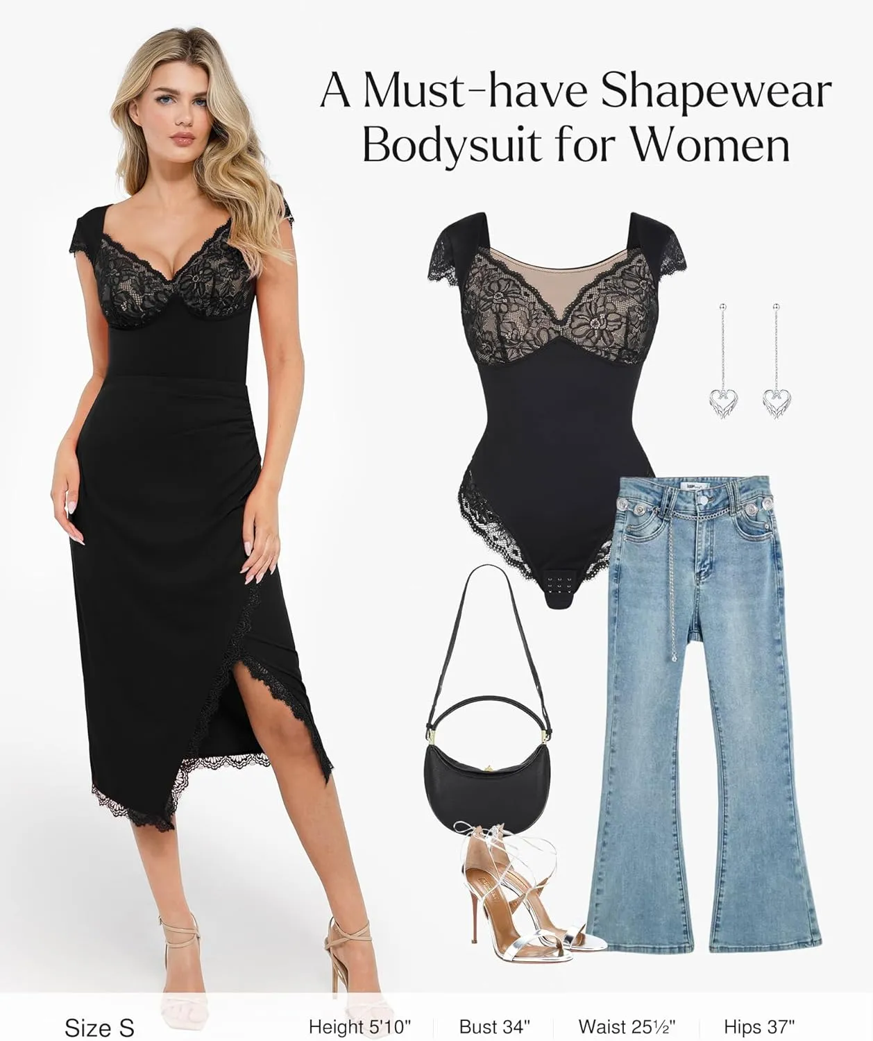Popilush Lace Tops Body Suits for Womens Tummy Control Shapewear Bodysuit V Neck Party Date Night Outfit Body Shaper