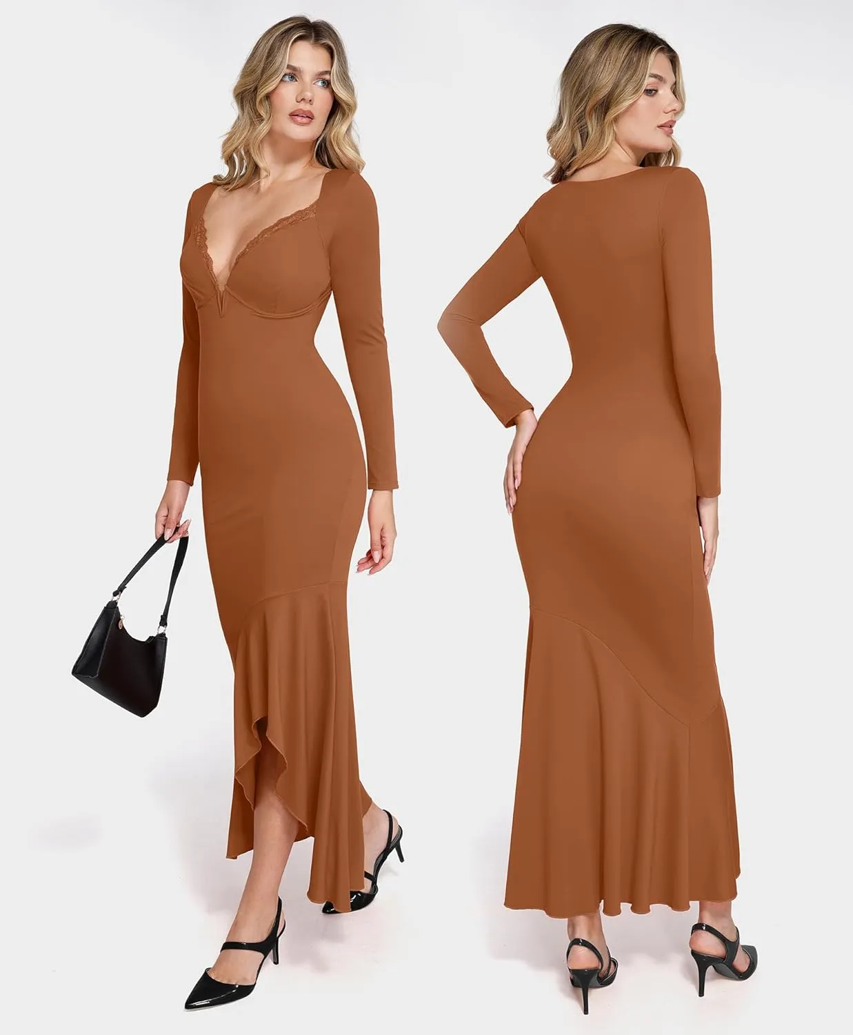 Popilush Long Sleeve Cocktail Dress for Women Shapewear Tummy Control Party Dresses Deep V Neck Lace Mermaid Maxi Dress
