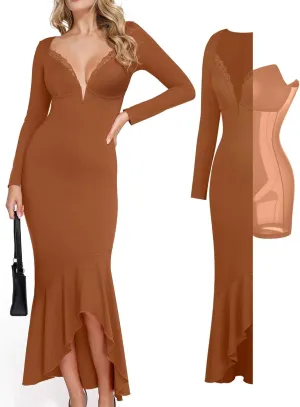 Popilush Long Sleeve Cocktail Dress for Women Shapewear Tummy Control Party Dresses Deep V Neck Lace Mermaid Maxi Dress