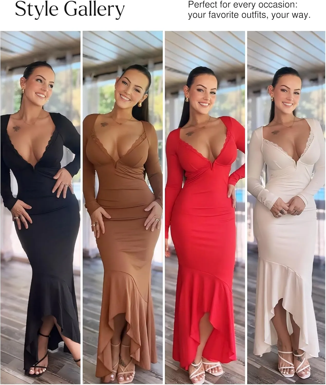 Popilush Long Sleeve Cocktail Dress for Women Shapewear Tummy Control Party Dresses Deep V Neck Lace Mermaid Maxi Dress