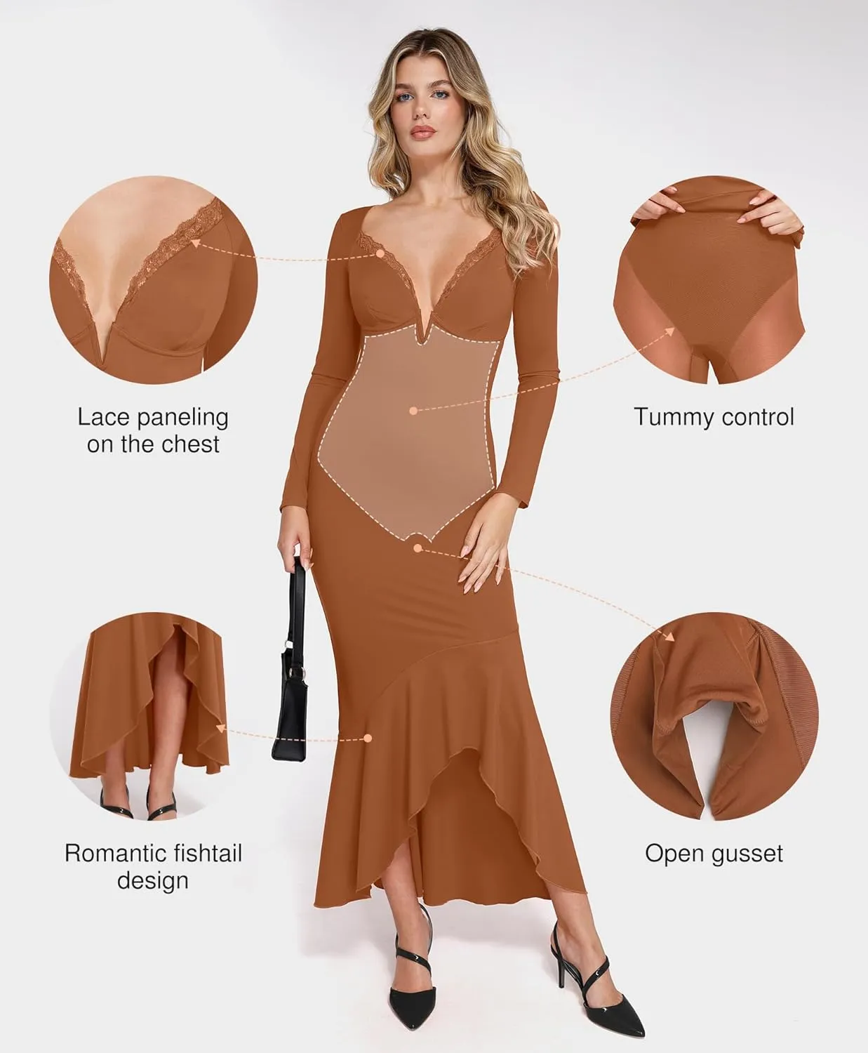 Popilush Long Sleeve Cocktail Dress for Women Shapewear Tummy Control Party Dresses Deep V Neck Lace Mermaid Maxi Dress