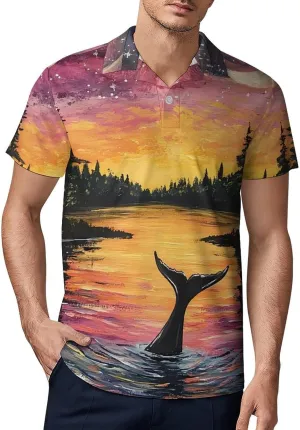Psychedelic Whale Under The Moon Men's Polo-Shirt Regular-Fit Short Sleeve Sports Quick Dry Golf Tennis T-Shirt