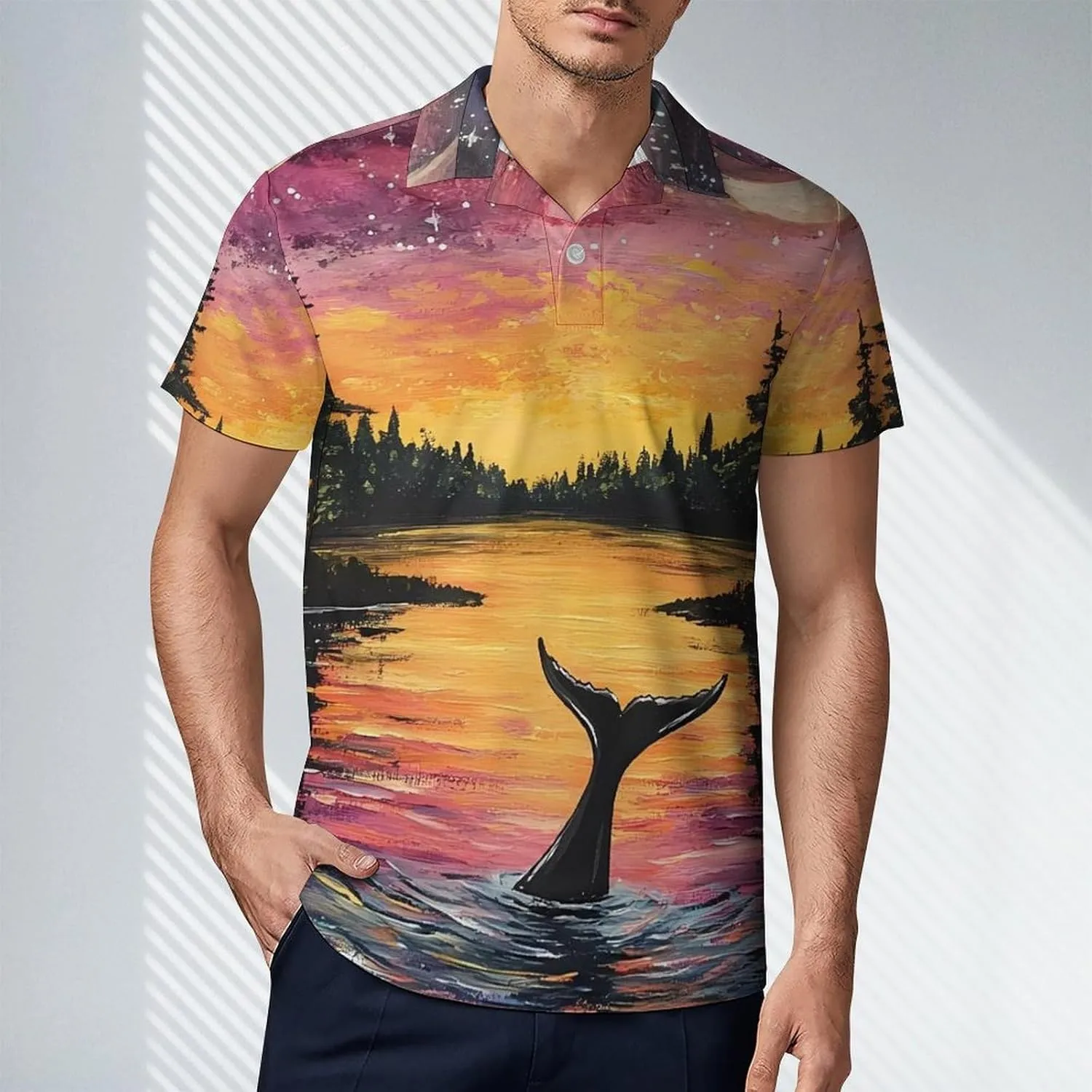 Psychedelic Whale Under The Moon Men's Polo-Shirt Regular-Fit Short Sleeve Sports Quick Dry Golf Tennis T-Shirt