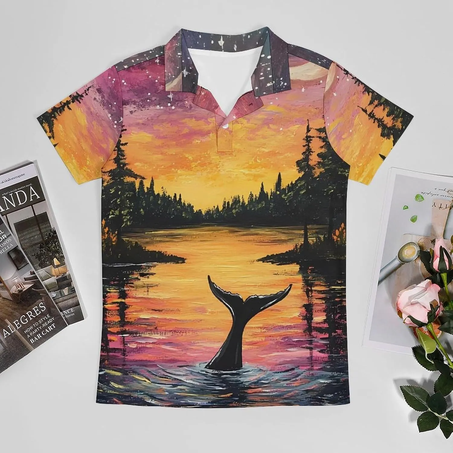 Psychedelic Whale Under The Moon Men's Polo-Shirt Regular-Fit Short Sleeve Sports Quick Dry Golf Tennis T-Shirt