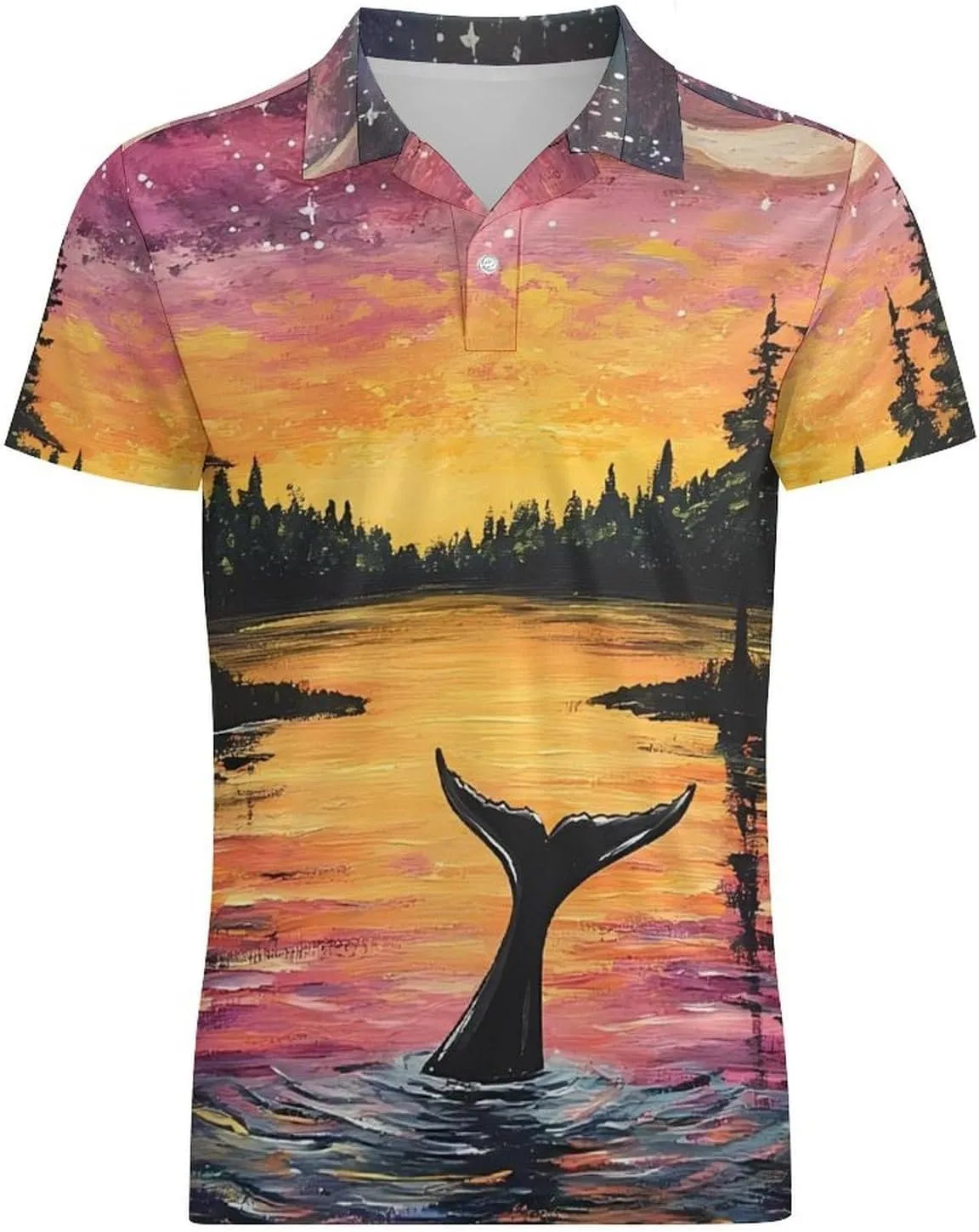 Psychedelic Whale Under The Moon Men's Polo-Shirt Regular-Fit Short Sleeve Sports Quick Dry Golf Tennis T-Shirt
