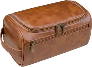 PU Leather Toiletry Bag for Men, Mens Toiletry Bag Travel Wash Shower Bag Organizer Kit Cosmetic Bag (Yellow brown)