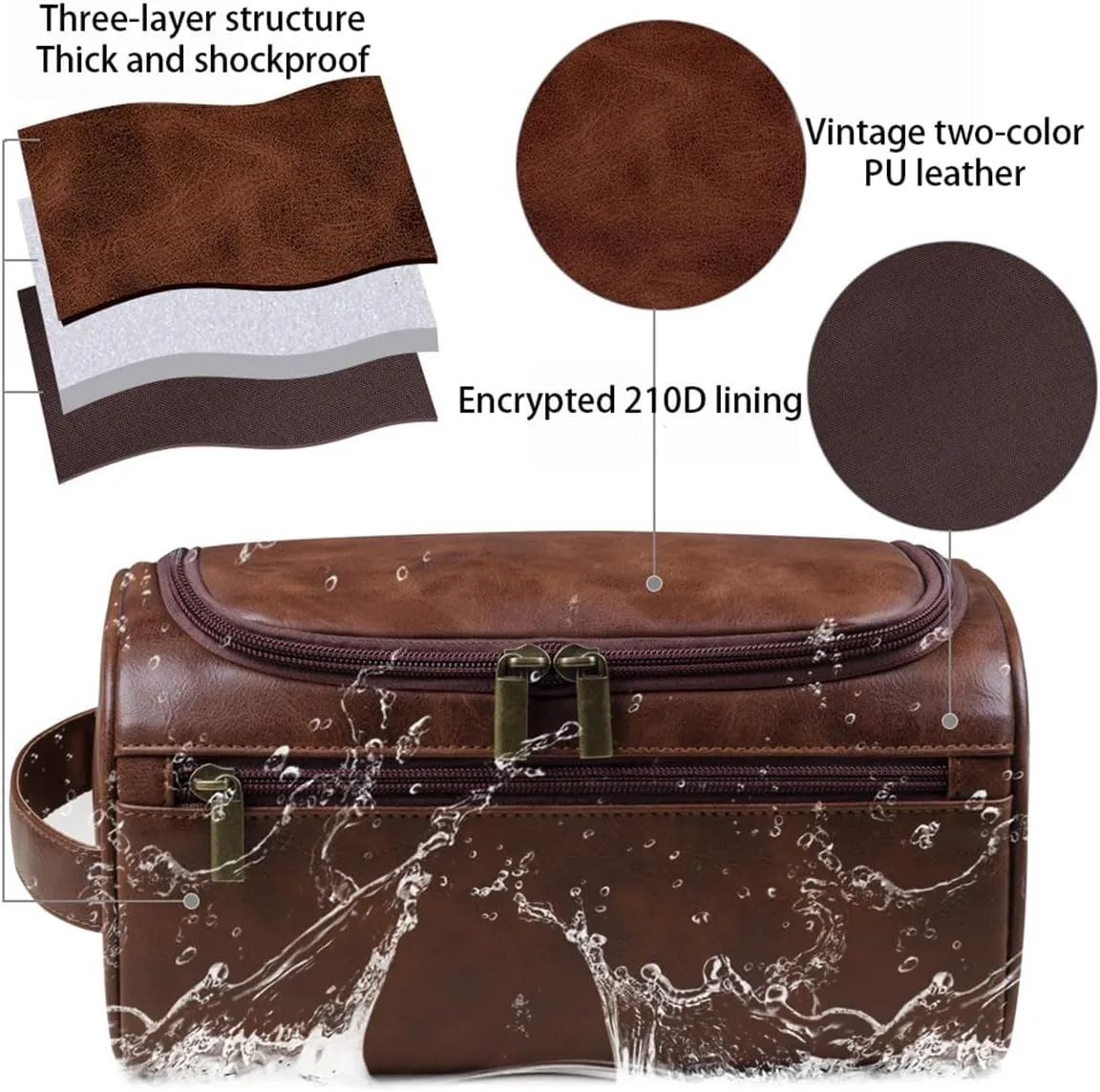 PU Leather Toiletry Bag for Men, Mens Toiletry Bag Travel Wash Shower Bag Organizer Kit Cosmetic Bag (Yellow brown)