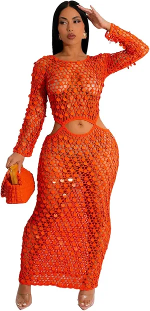 Purubylley Women Sexy Long Sleeve Sequin Crochet Maxi Dress Beach Cover Ups Hollow Out Swimwear Bikini Cover Up Dress