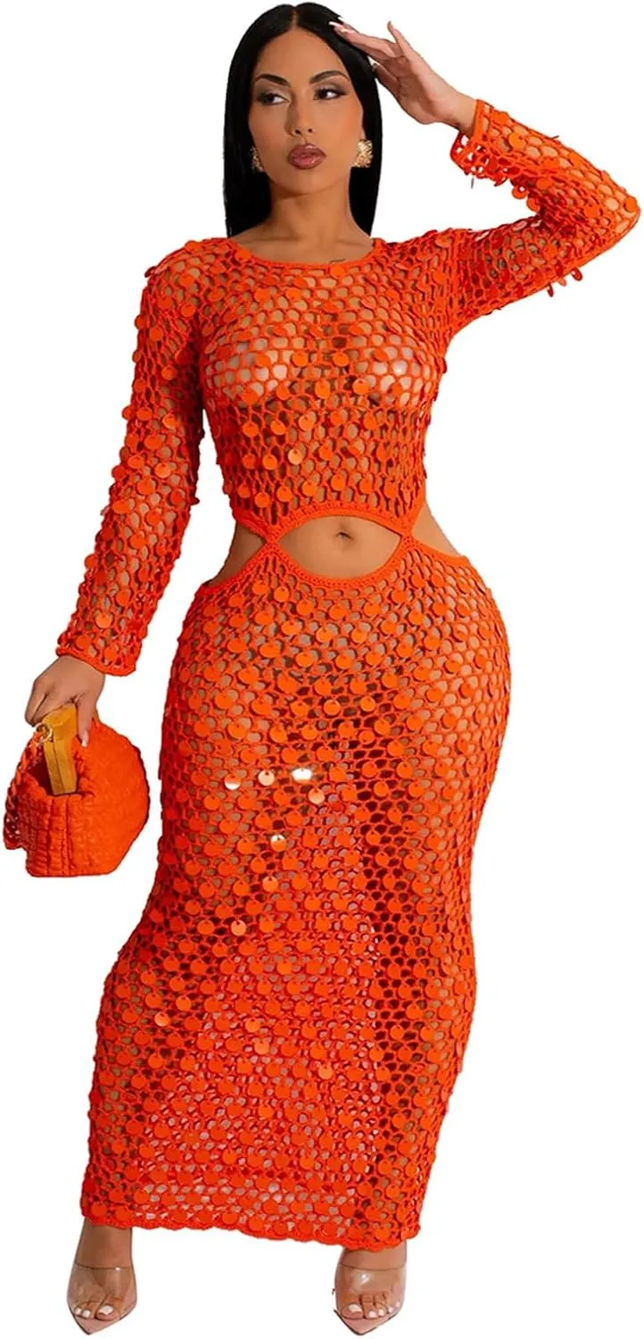 Purubylley Women Sexy Long Sleeve Sequin Crochet Maxi Dress Beach Cover Ups Hollow Out Swimwear Bikini Cover Up Dress