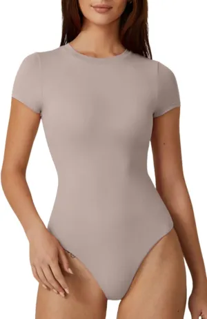 QINSEN Womens Crew Neck Short Sleeve Bodysuit Soft Body Suit Tops Double Lined Shirts