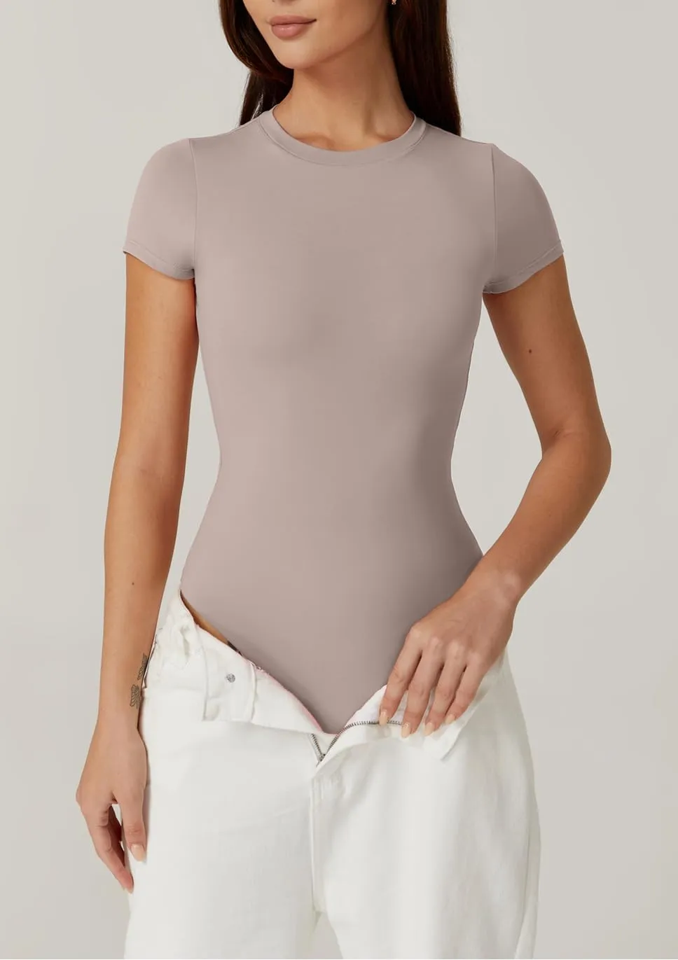 QINSEN Womens Crew Neck Short Sleeve Bodysuit Soft Body Suit Tops Double Lined Shirts
