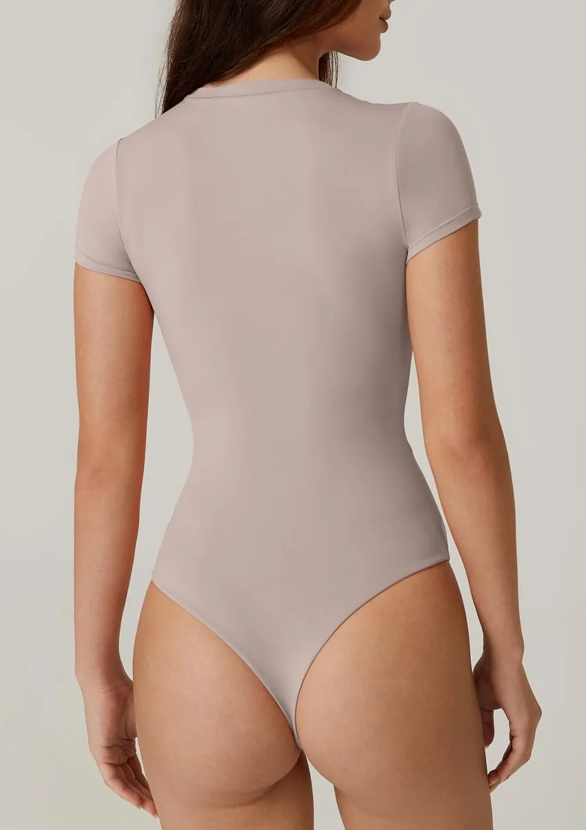 QINSEN Womens Crew Neck Short Sleeve Bodysuit Soft Body Suit Tops Double Lined Shirts