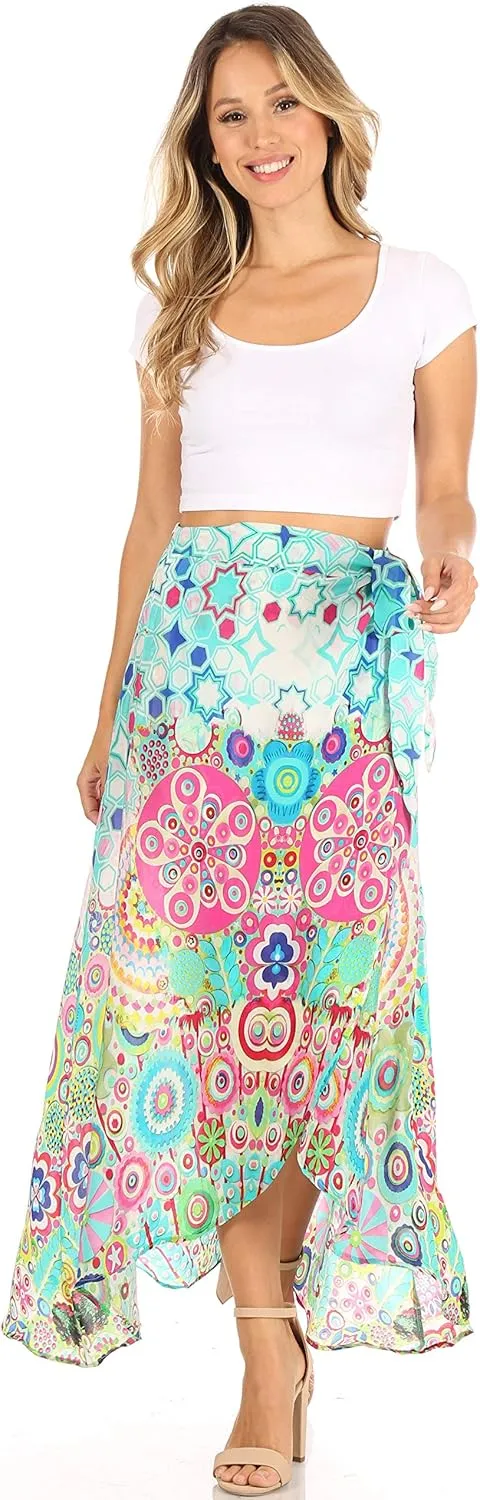 Sakkas Amaia Women's Maxi Floral Print Boho Summer Casual Long Wrap Skirt Cover-up