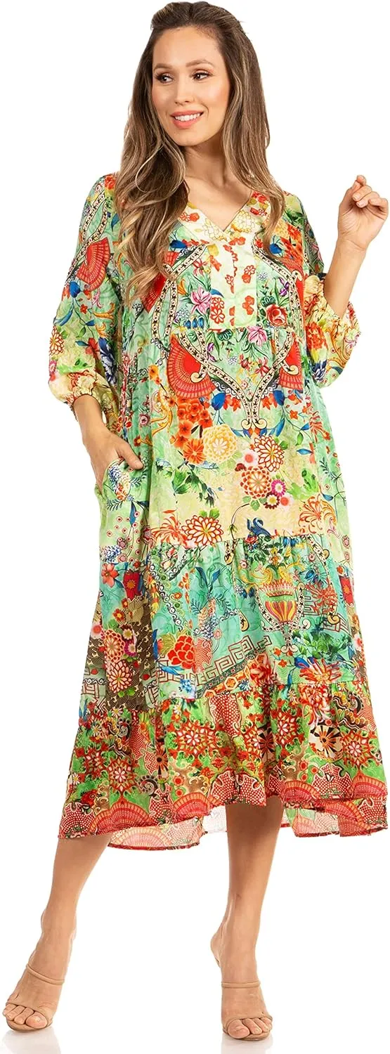 Sakkas Sole Women's Casual Boho Floral Print V Neck Swing Long Sleeve Dress Midi