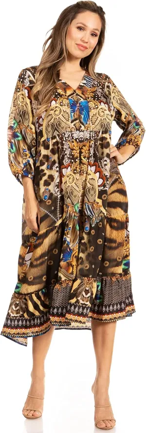 Sakkas Sole Women's Casual Boho Floral Print V Neck Swing Long Sleeve Dress Midi