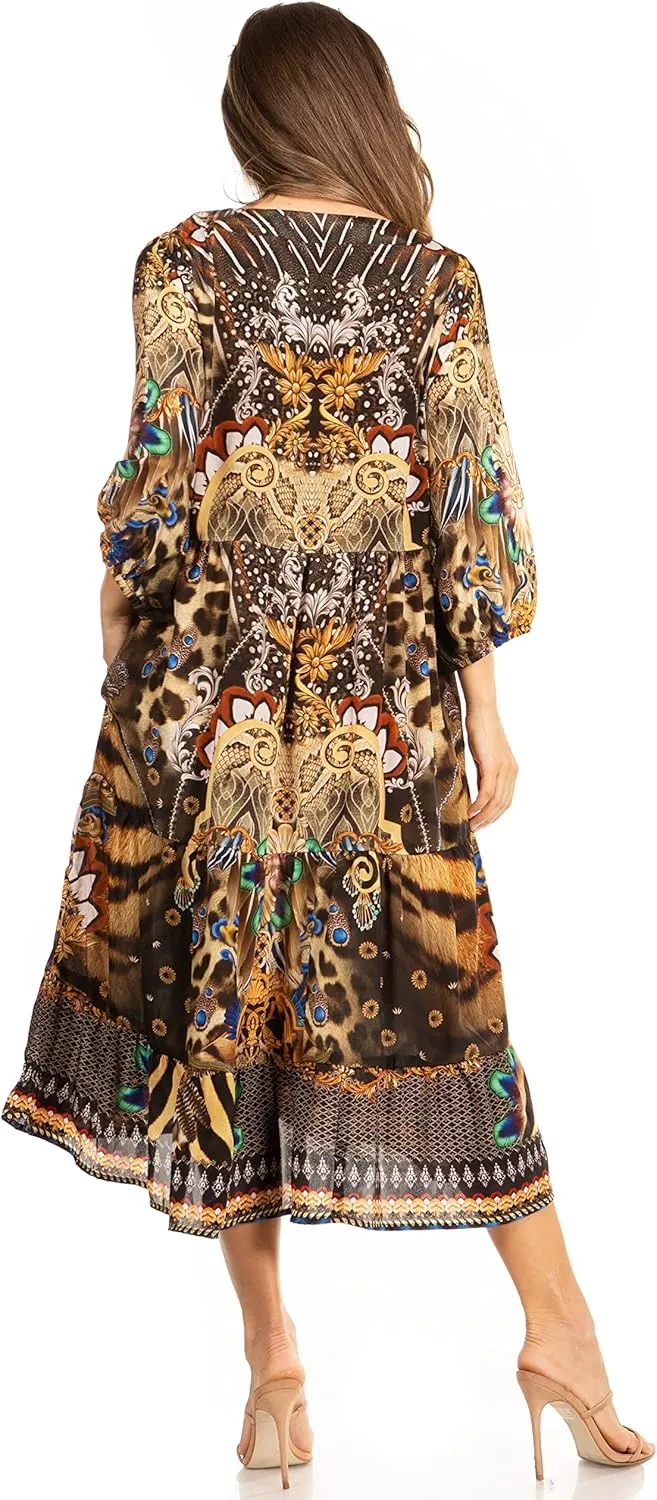 Sakkas Sole Women's Casual Boho Floral Print V Neck Swing Long Sleeve Dress Midi