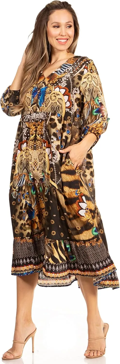 Sakkas Sole Women's Casual Boho Floral Print V Neck Swing Long Sleeve Dress Midi