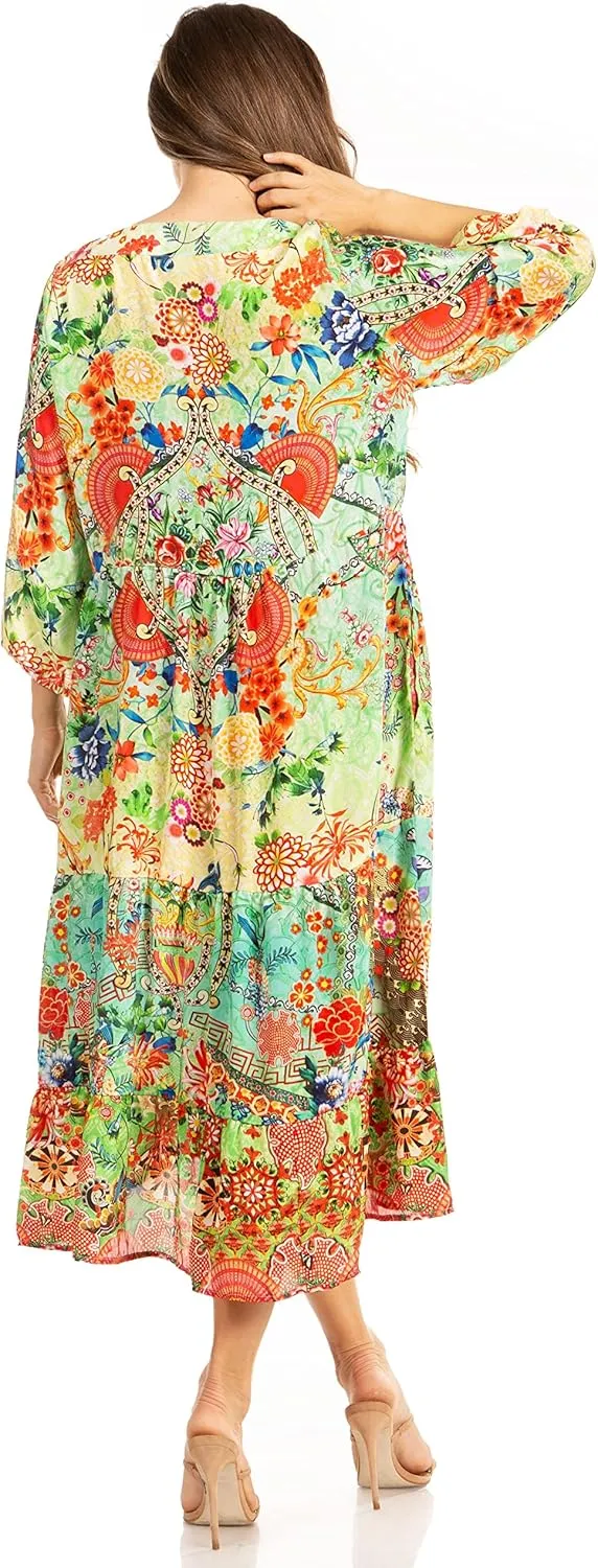 Sakkas Sole Women's Casual Boho Floral Print V Neck Swing Long Sleeve Dress Midi
