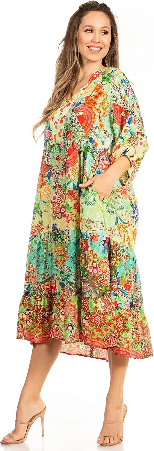 Sakkas Sole Women's Casual Boho Floral Print V Neck Swing Long Sleeve Dress Midi