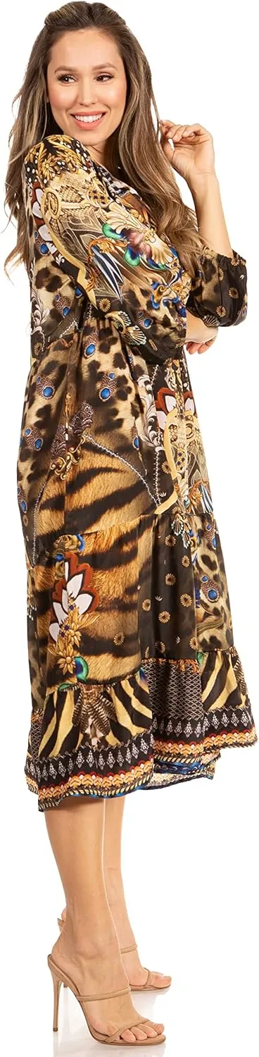 Sakkas Sole Women's Casual Boho Floral Print V Neck Swing Long Sleeve Dress Midi