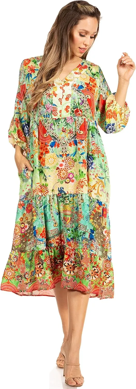 Sakkas Sole Women's Casual Boho Floral Print V Neck Swing Long Sleeve Dress Midi
