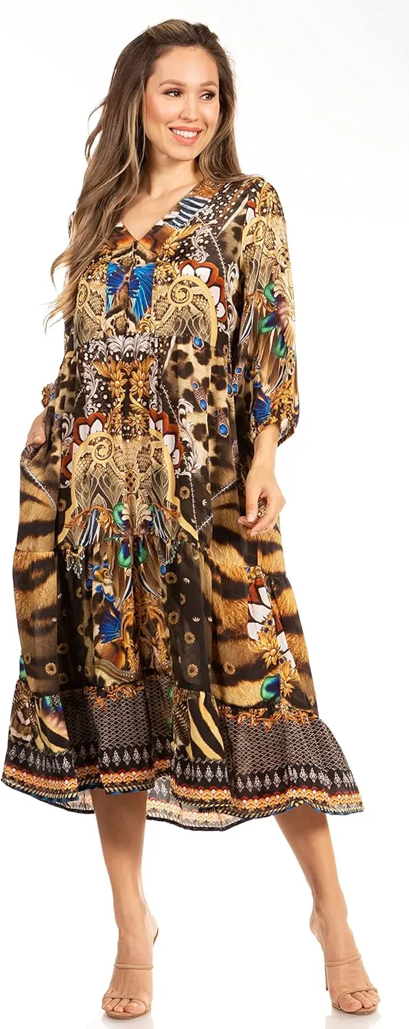 Sakkas Sole Women's Casual Boho Floral Print V Neck Swing Long Sleeve Dress Midi