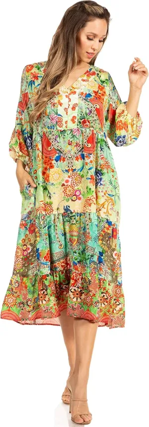 Sakkas Sole Women's Casual Boho Floral Print V Neck Swing Long Sleeve Dress Midi