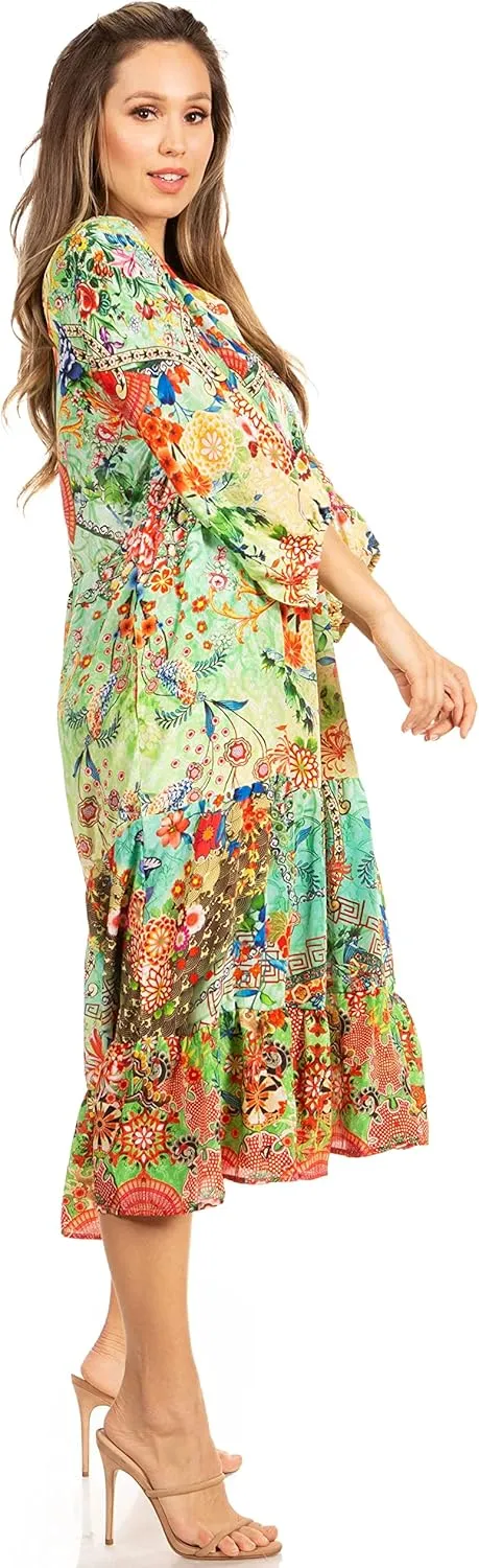 Sakkas Sole Women's Casual Boho Floral Print V Neck Swing Long Sleeve Dress Midi