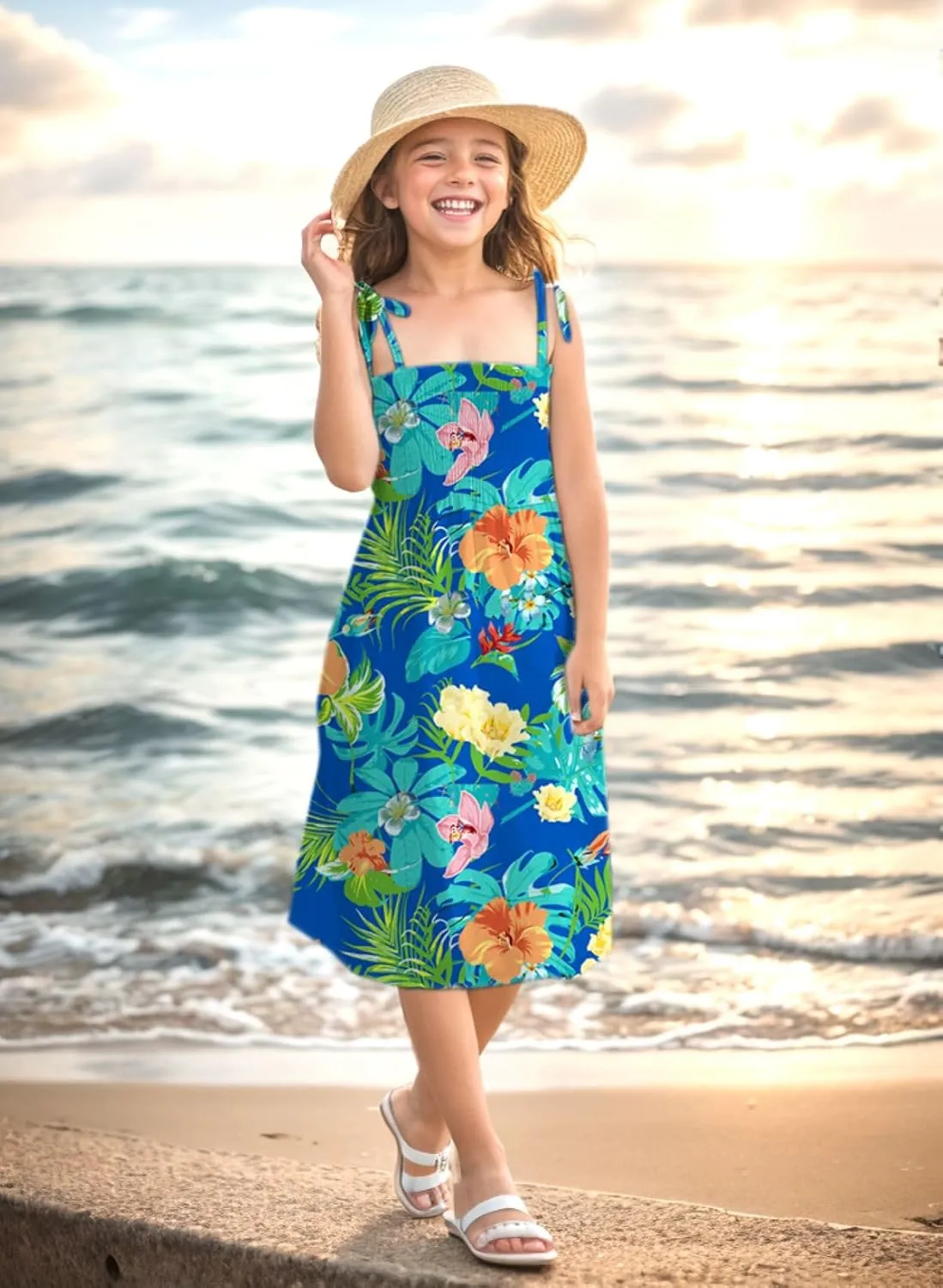 SANGTREE Girls' Women's Summer Sundress Casual Smocked Floral Beach Holiday Dress, 18 Month - XL