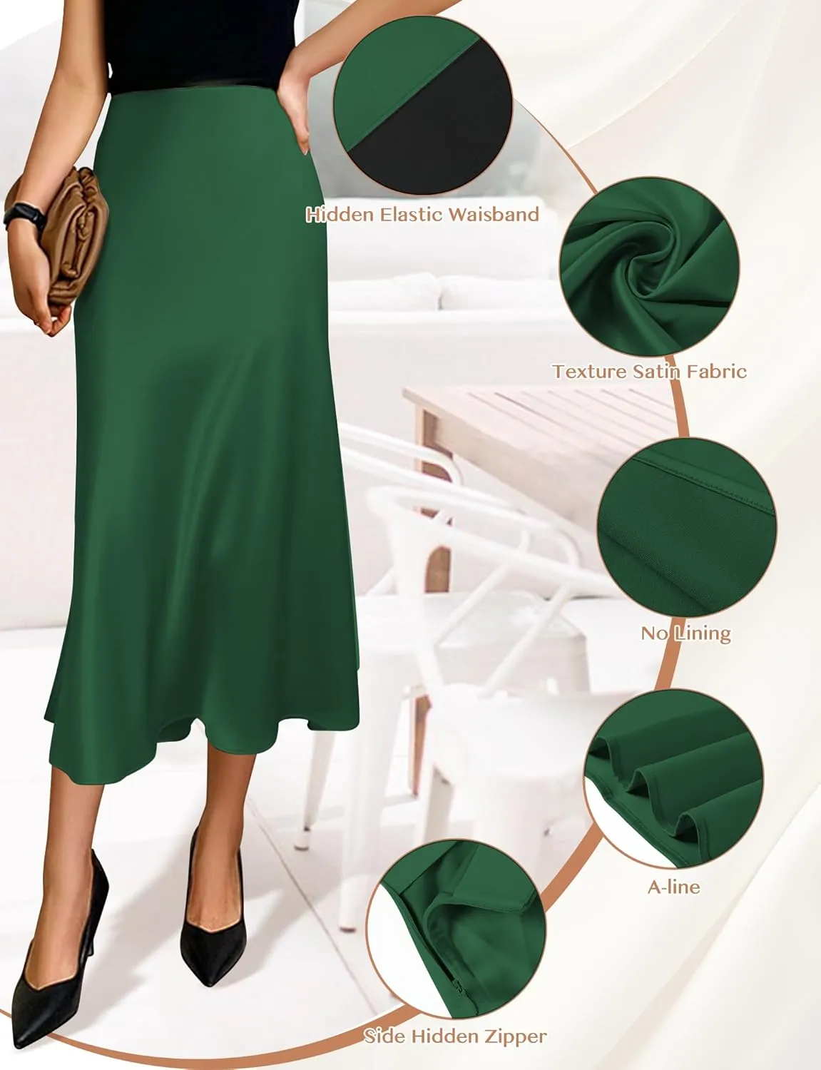 Satin Skirts for Women Trendy, High Waisted Womens Skirts Midi Long Length, Elegant Zipper Flared Elastic A-line Silk Skirts