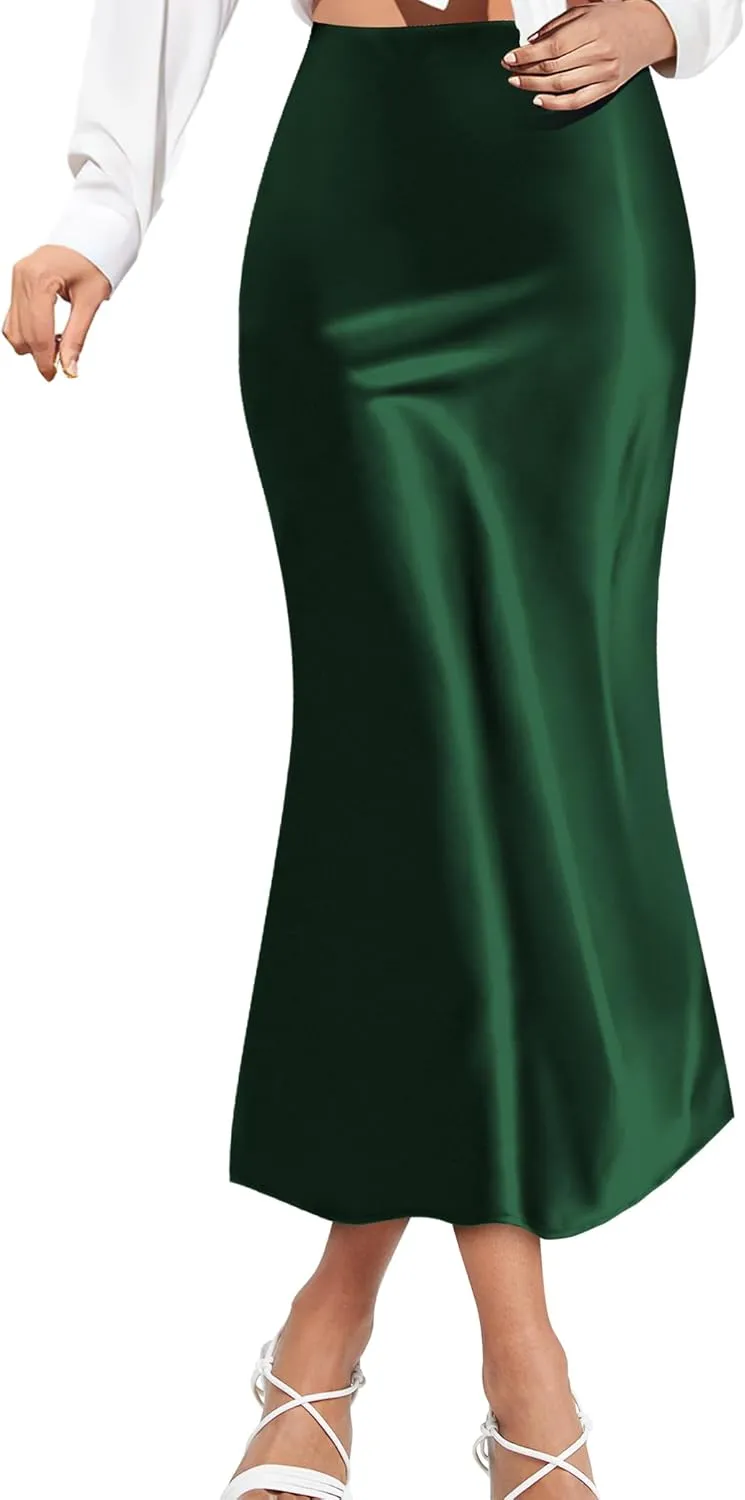 Satin Skirts for Women Trendy, High Waisted Womens Skirts Midi Long Length, Elegant Zipper Flared Elastic A-line Silk Skirts