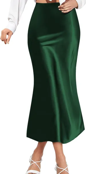 Satin Skirts for Women Trendy, High Waisted Womens Skirts Midi Long Length, Elegant Zipper Flared Elastic A-line Silk Skirts
