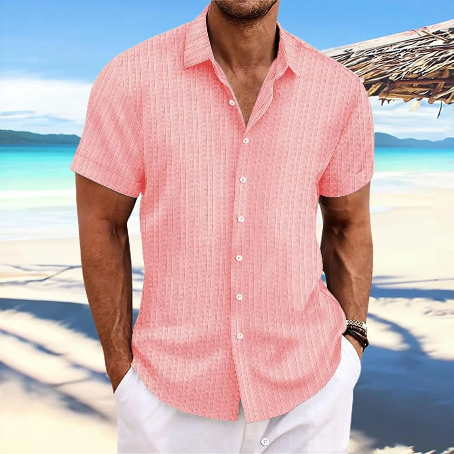 Short Sleeve Shirts Men Polo Striped Button Down Slim Fit Lapel Collar Jacquard Casual Summer Beach Tee Tops