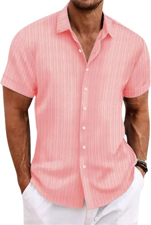 Short Sleeve Shirts Men Polo Striped Button Down Slim Fit Lapel Collar Jacquard Casual Summer Beach Tee Tops