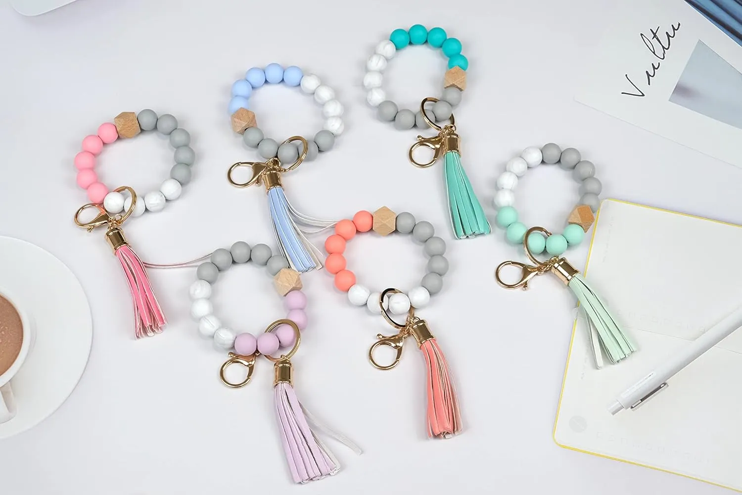 Silicone Beads Key Ring Keychain Bracelet Wristlet for Women, Cute Bead Car Keys Holder Chain Bangle Beaded Keyring