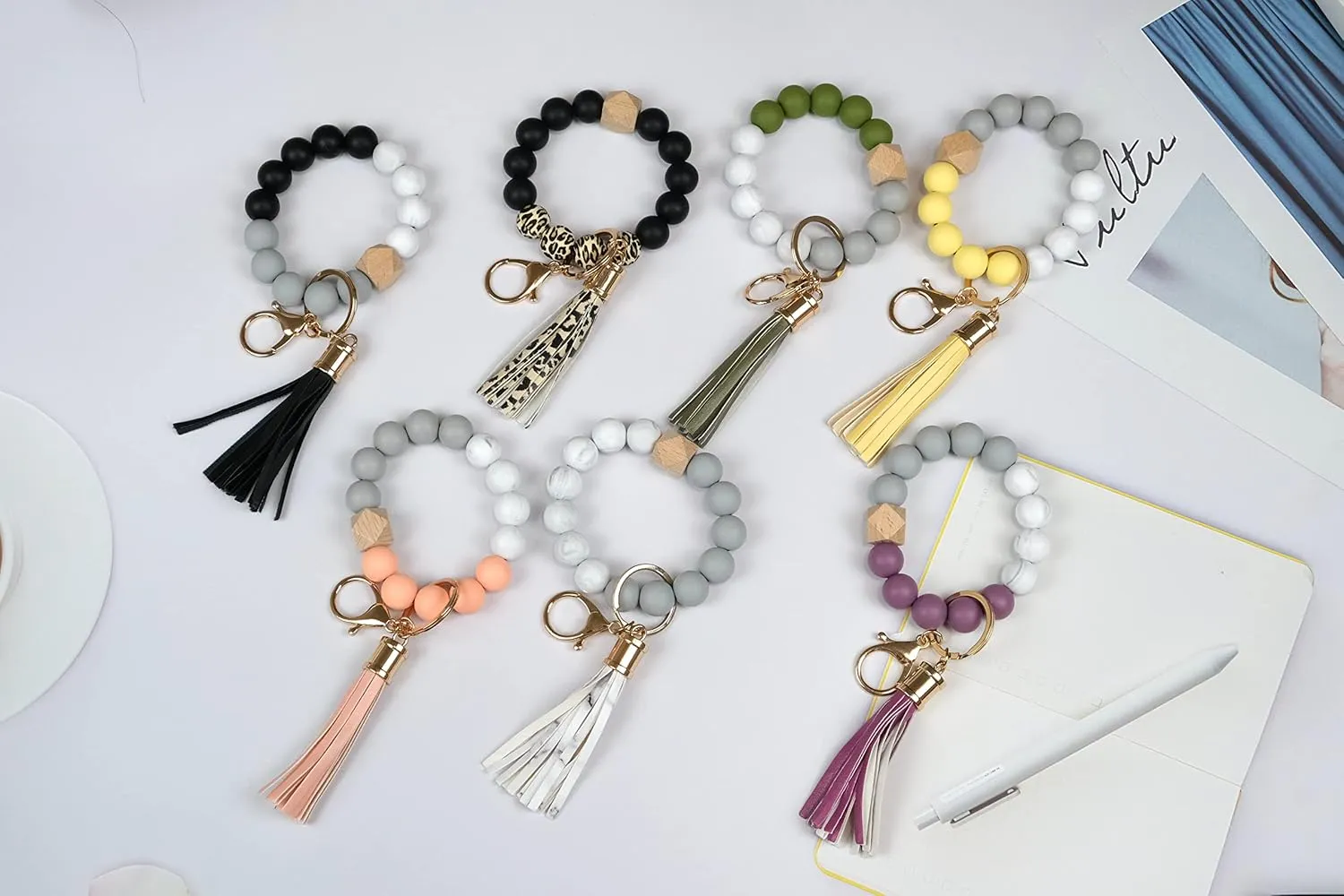Silicone Beads Key Ring Keychain Bracelet Wristlet for Women, Cute Bead Car Keys Holder Chain Bangle Beaded Keyring