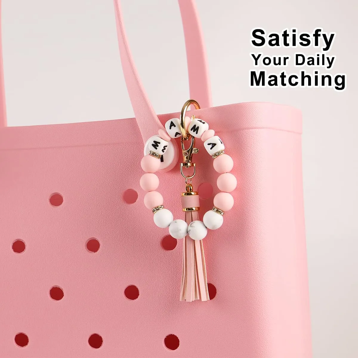 Silicone Keychain Wristlet for Women, Beaded Key Ring Bracelet with Tassel, Cute KeyChains for Key Holder MaMa Gift