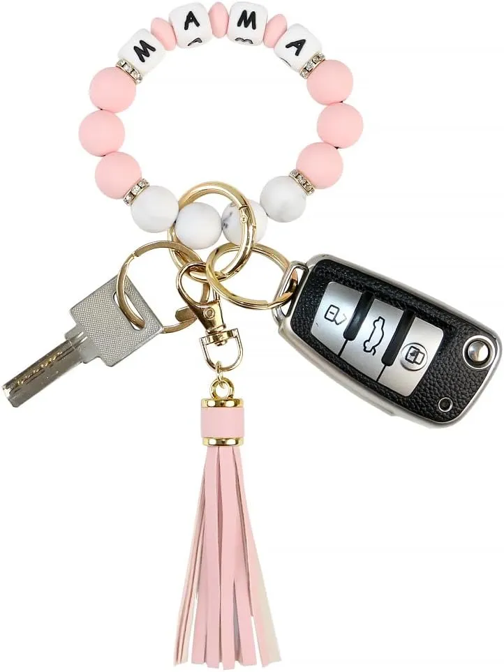 Silicone Keychain Wristlet for Women, Beaded Key Ring Bracelet with Tassel, Cute KeyChains for Key Holder MaMa Gift