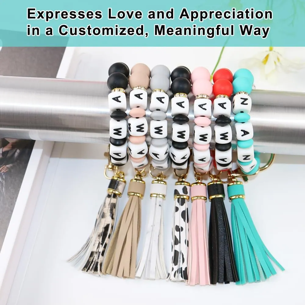 Silicone Keychain Wristlet for Women, Beaded Key Ring Bracelet with Tassel, Cute KeyChains for Key Holder MaMa Gift