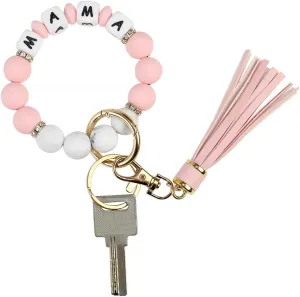 Silicone Keychain Wristlet for Women, Beaded Key Ring Bracelet with Tassel, Cute KeyChains for Key Holder MaMa Gift