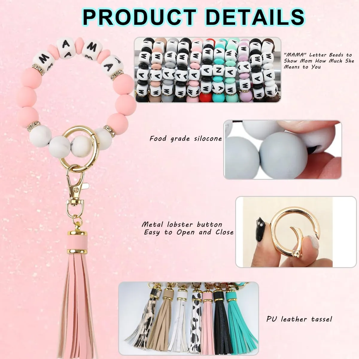 Silicone Keychain Wristlet for Women, Beaded Key Ring Bracelet with Tassel, Cute KeyChains for Key Holder MaMa Gift