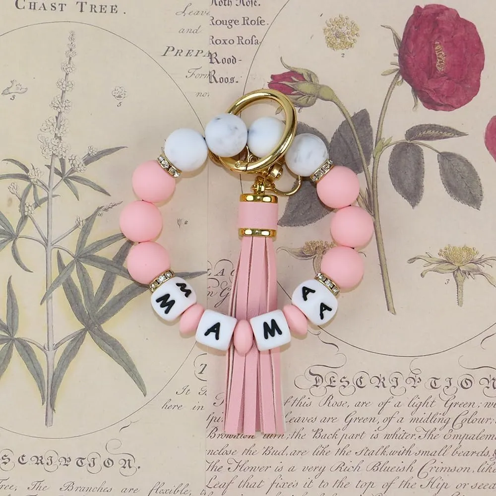 Silicone Keychain Wristlet for Women, Beaded Key Ring Bracelet with Tassel, Cute KeyChains for Key Holder MaMa Gift