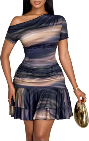 SOLY HUX Women's Off The Shoulder Ombre Short Sleeve Party Cocktail Bodycon Mini Dresses