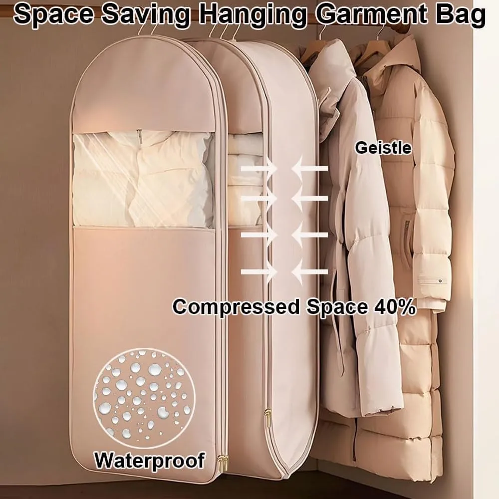 Space Saving Hanging Garment Bag with Self Compression Zipper, Space Saver Garment Bags for Hanging Clothes Foldable, Dust Cover Clothes Bags for Down Coat (Beige,Medium)
