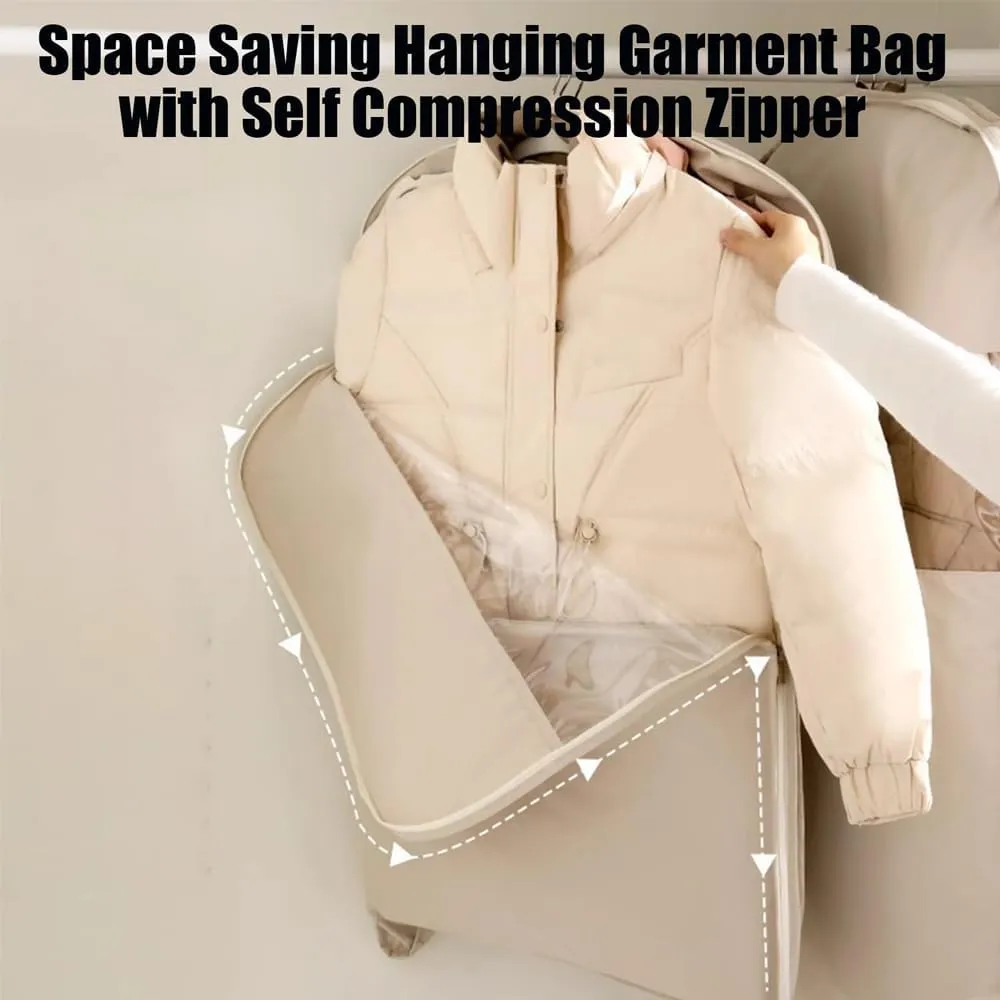 Space Saving Hanging Garment Bag with Self Compression Zipper, Space Saver Garment Bags for Hanging Clothes Foldable, Dust Cover Clothes Bags for Down Coat (Beige,Medium)