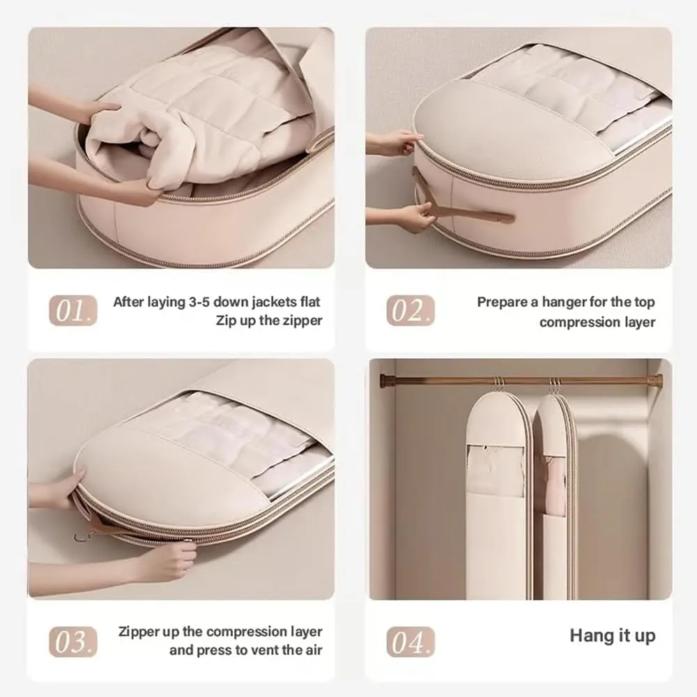 Space Saving Hanging Garment Bag with Self Compression Zipper, Space Saver Garment Bags for Hanging Clothes Foldable, Dust Cover Clothes Bags for Down Coat (Beige,Medium)