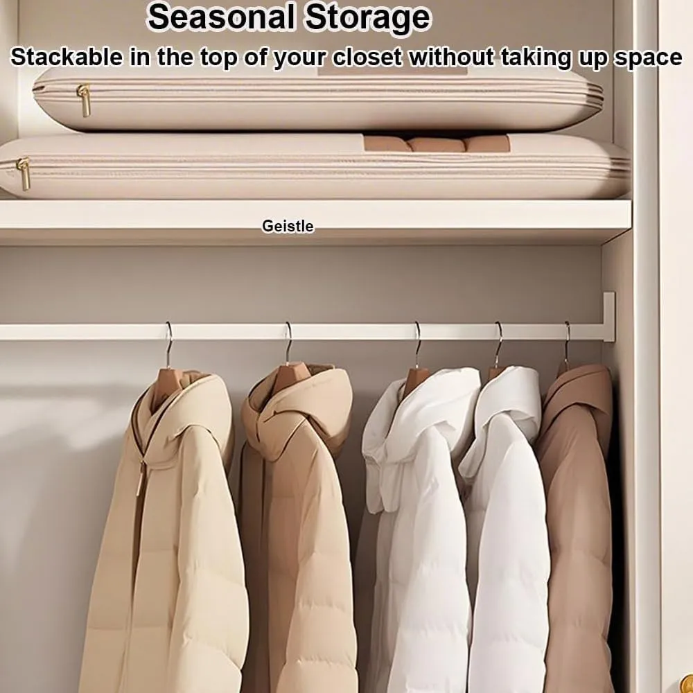 Space Saving Hanging Garment Bag with Self Compression Zipper, Space Saver Garment Bags for Hanging Clothes Foldable, Dust Cover Clothes Bags for Down Coat (Beige,Medium)